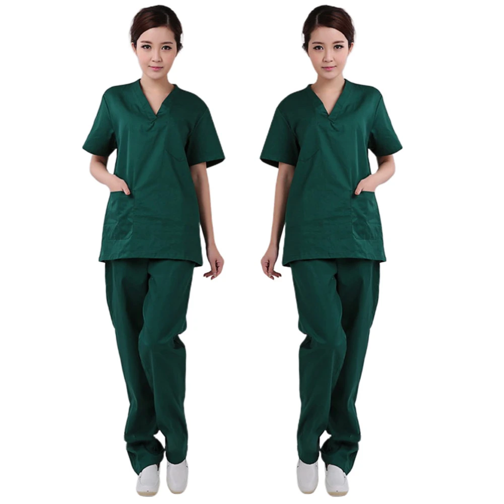 1 Set Dark Green Hospital Nursing Uniform Cotton Working Clothes Short Sleeve Labour Suit Two-Pieces V-neck Costume- Size L