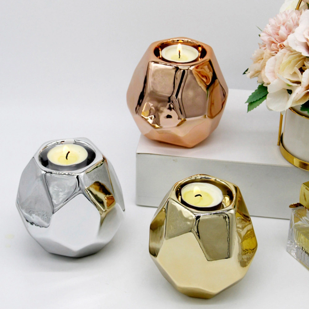 1pc Tealight Cup Holder Ceramic Geometric Rhombus Candle Holder Candlestick Adornment for Home Bar (Rose Gold)