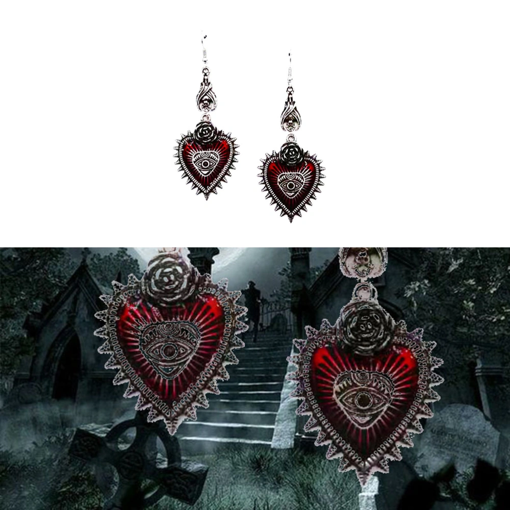 1 Pair Eye of the Blood Dangler Exaggerated Earrings Fashion Alloy Heart Shape Bat Earrings Halloween Punk Jewelry Decor for Women Lady