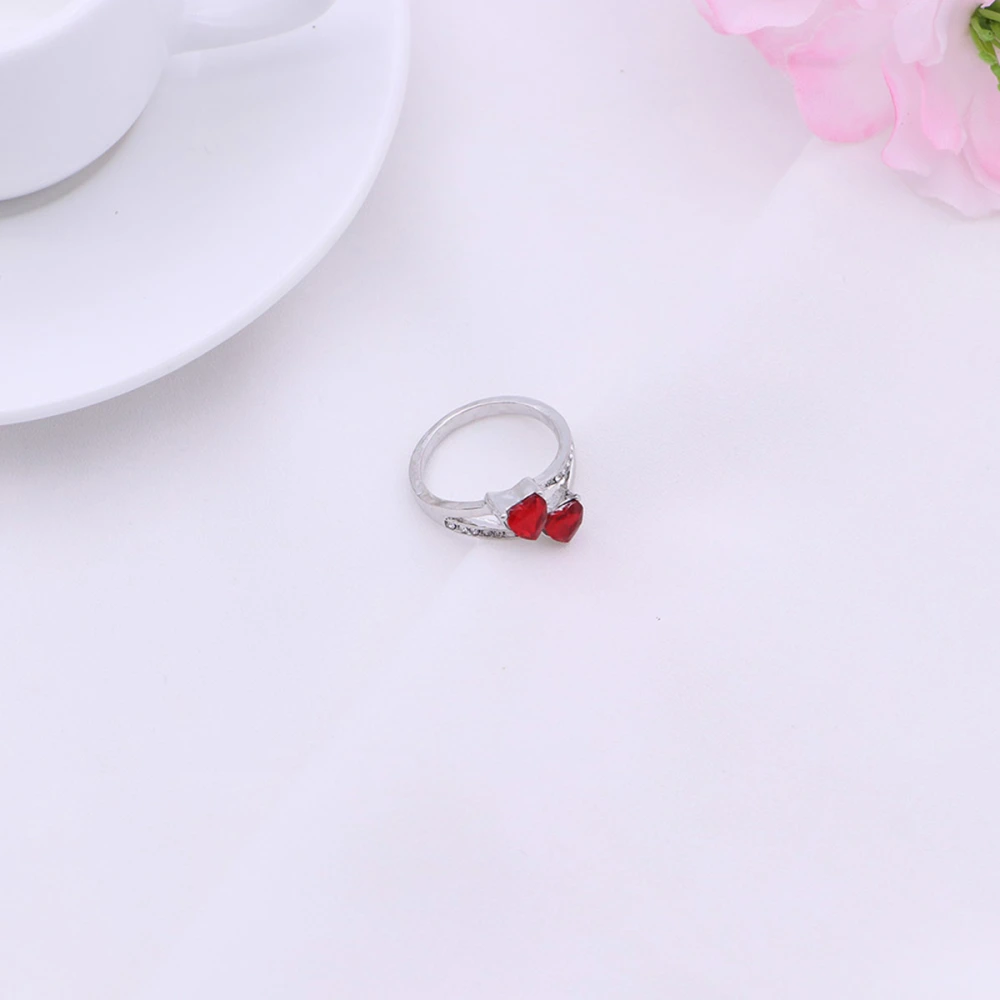 Women Ring Stylish Micro-inlay Hollow out Double Hearts Shape Temperament Zircon Finger Ring - Size 9 (Red)