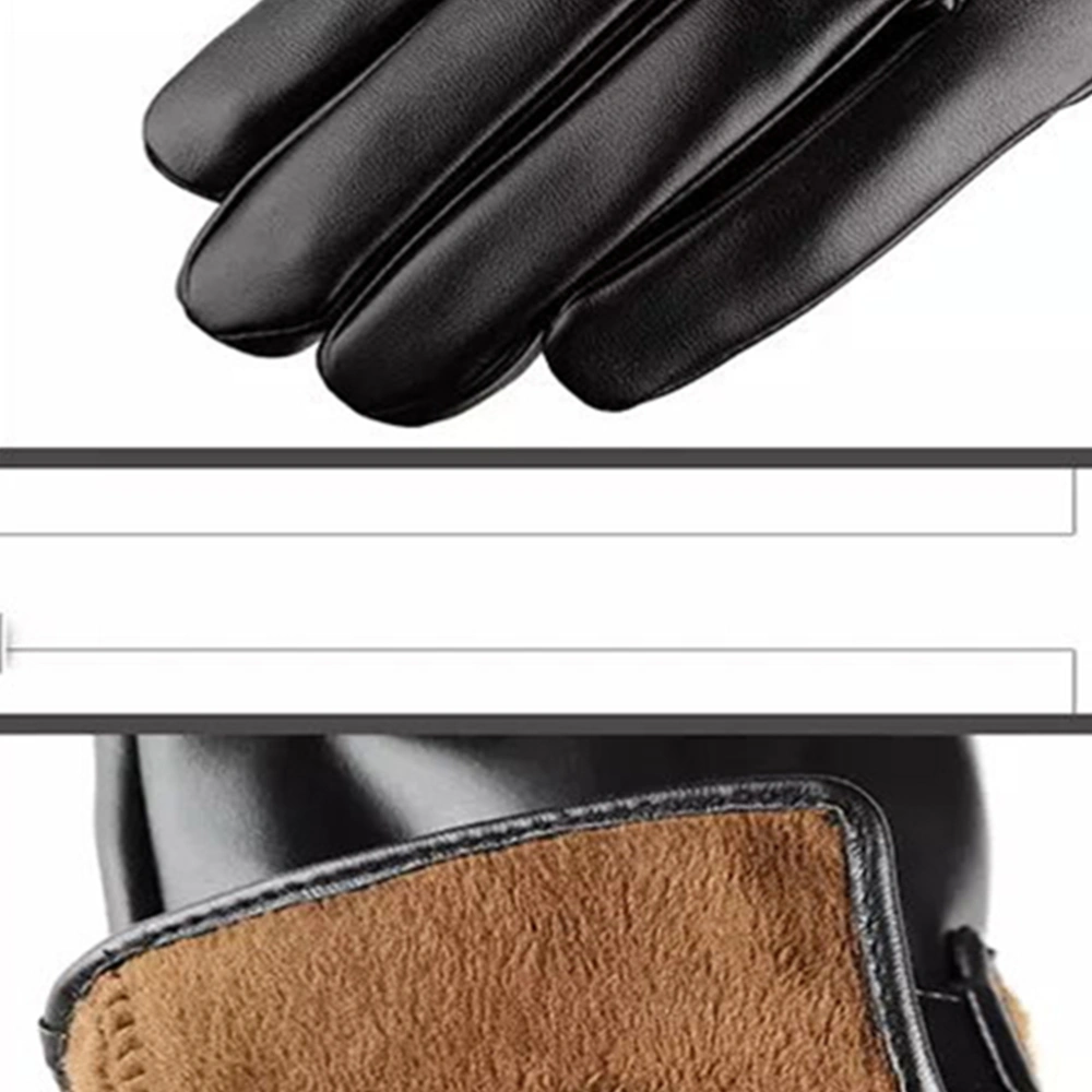 1 Pair sheepskin Gloves Full Palm Touch Screen Glove Warm Windproof and Thicken Fleece PU Glove(Black)