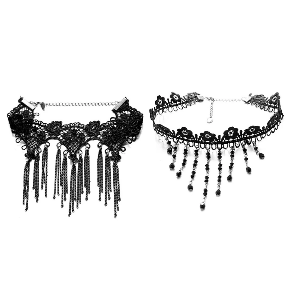 Black Lace Tassel Drip Choker Collar Necklace Chain Sexy Vintage Accessories for Women (Black)