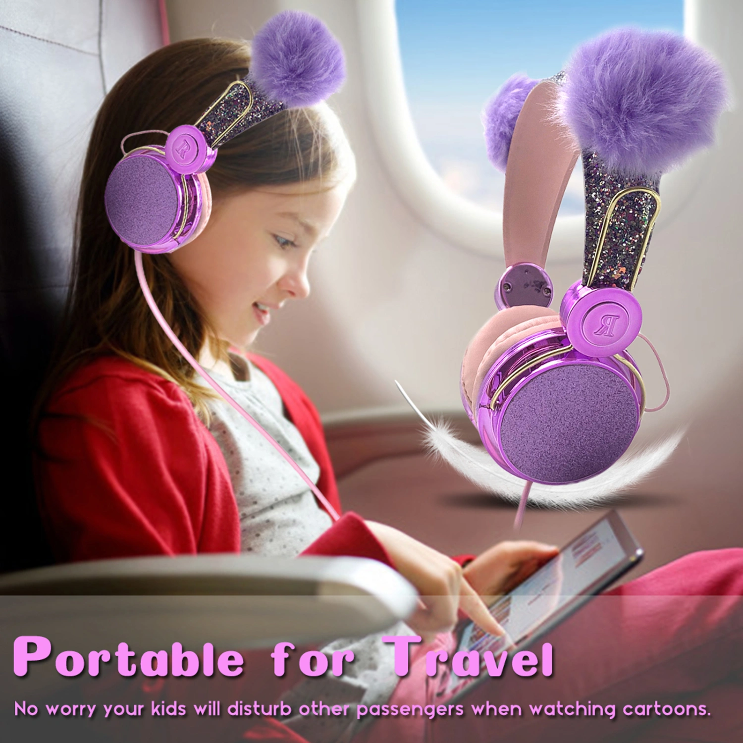 Kids Headphones Glitter Plush Ear Volume Limiting Adjustable Anime Wired Headset