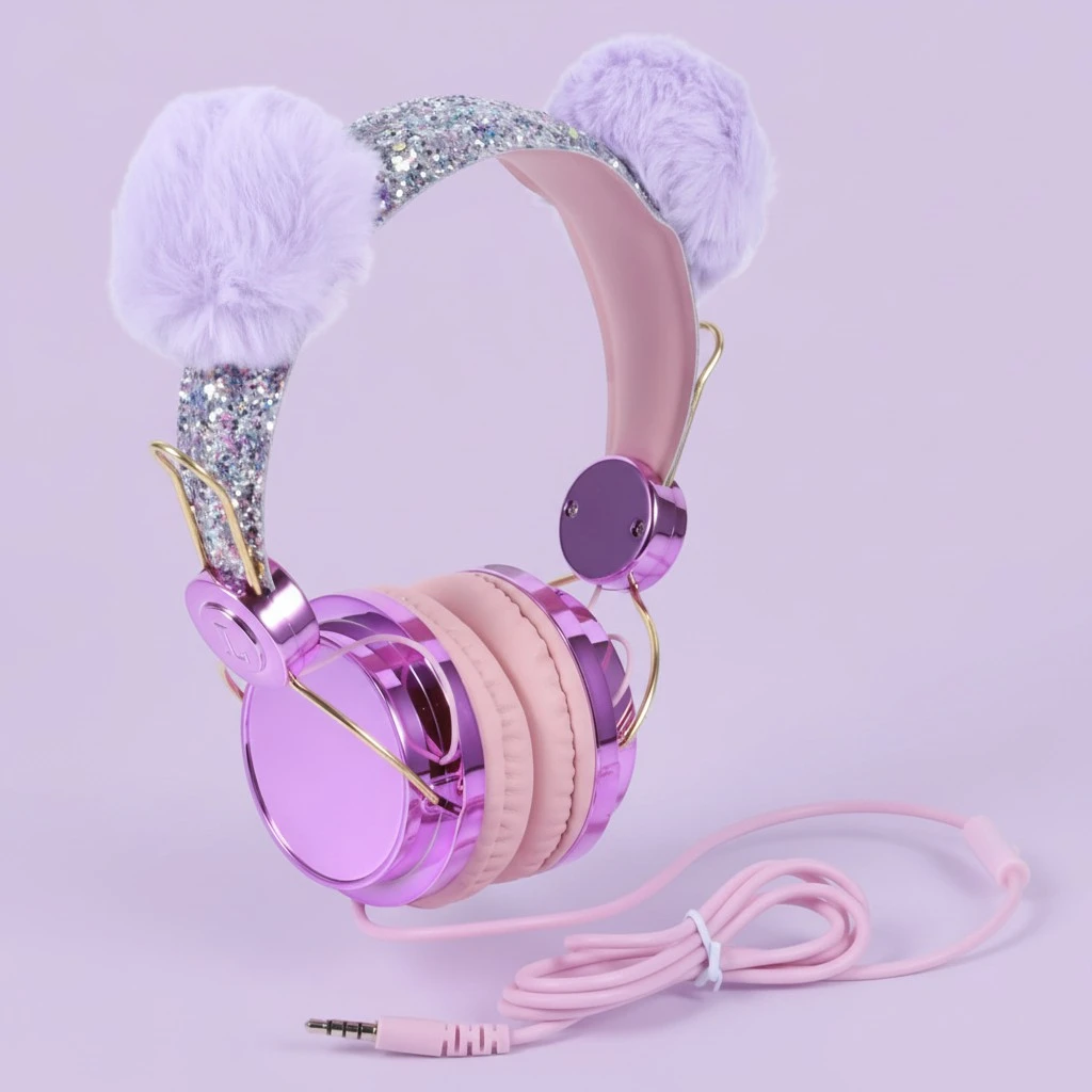 Kids Headphones Glitter Plush Ear Volume Limiting Adjustable Anime Wired Headset