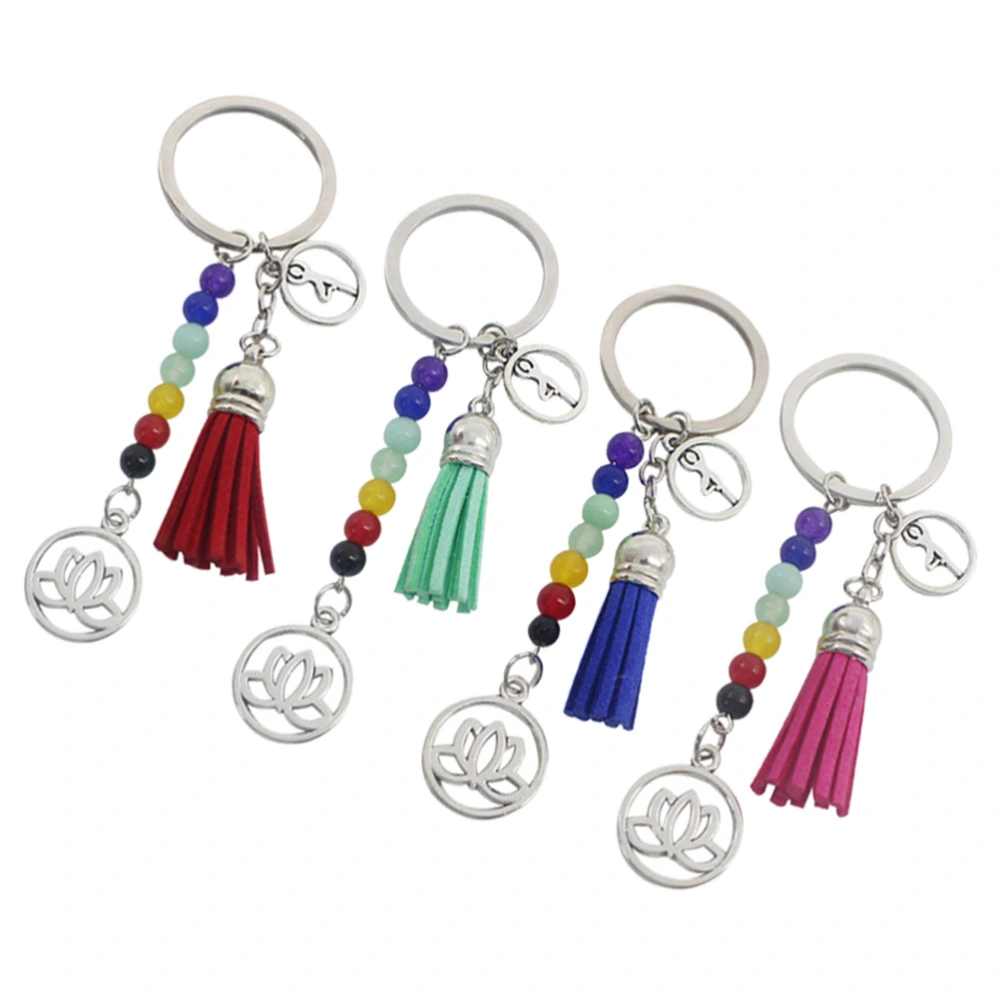 4PCS Creative Seven Chakra Design Yoga Keychain Colorful Stone Tassel Lotus Pendant Key Ring Gift Bag Hanging Ornaments