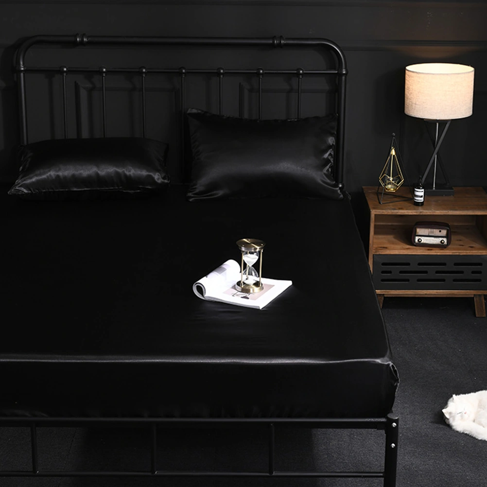 198x 203x 30Cm Romantic Silk Bedding Set Silk Satin  Flat Sheet Fitted Sheet Pillowcase Home Textile Bed Set(Black)
