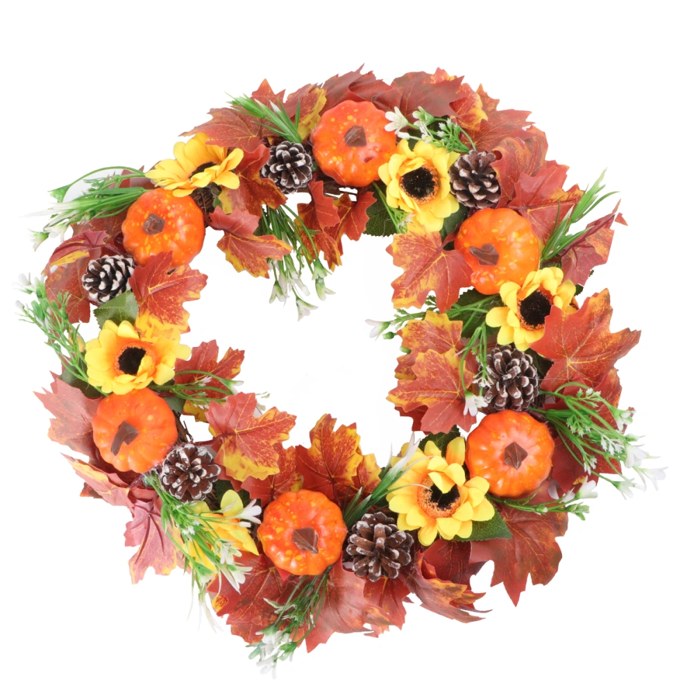 1Pc Halloween Wreath Imitation Sunflower Autumn Maple Leaf Pattern Pumpkin Garland Orange (40cm)