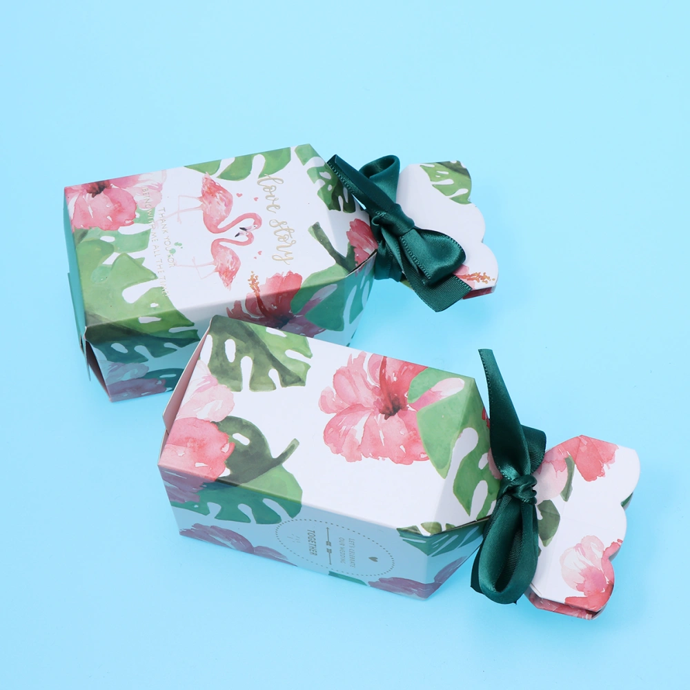 20pcs Flamingo Flower Pattern Wedding Candy Box Creative Candy Chocolate Storage Case Treat Box Party Favor Gift Box with Green Ribbon -Size L