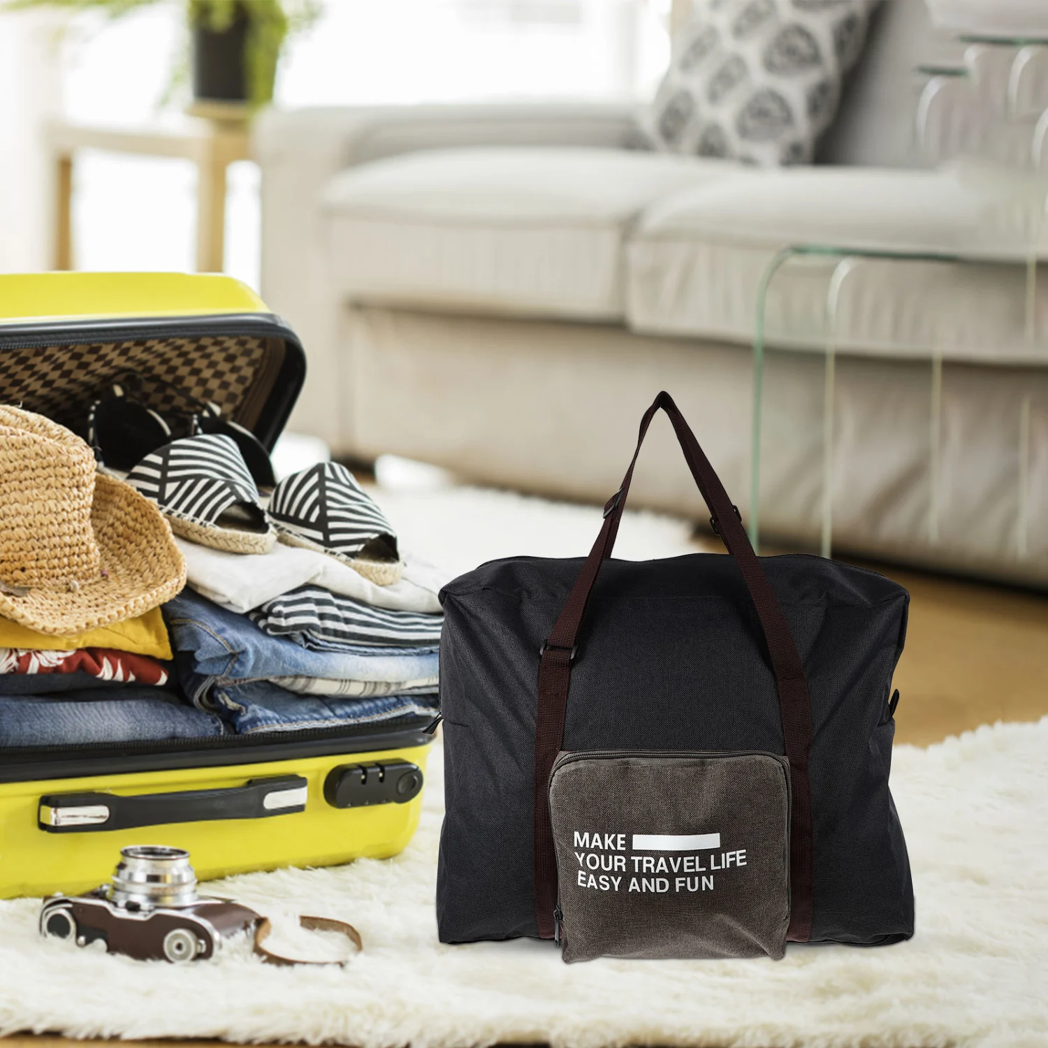 Portable Canvas Travel Duffel Bag Carry on Luggage Tote Foldable Trolley Pouch for Weekender Overnight Business (Black)