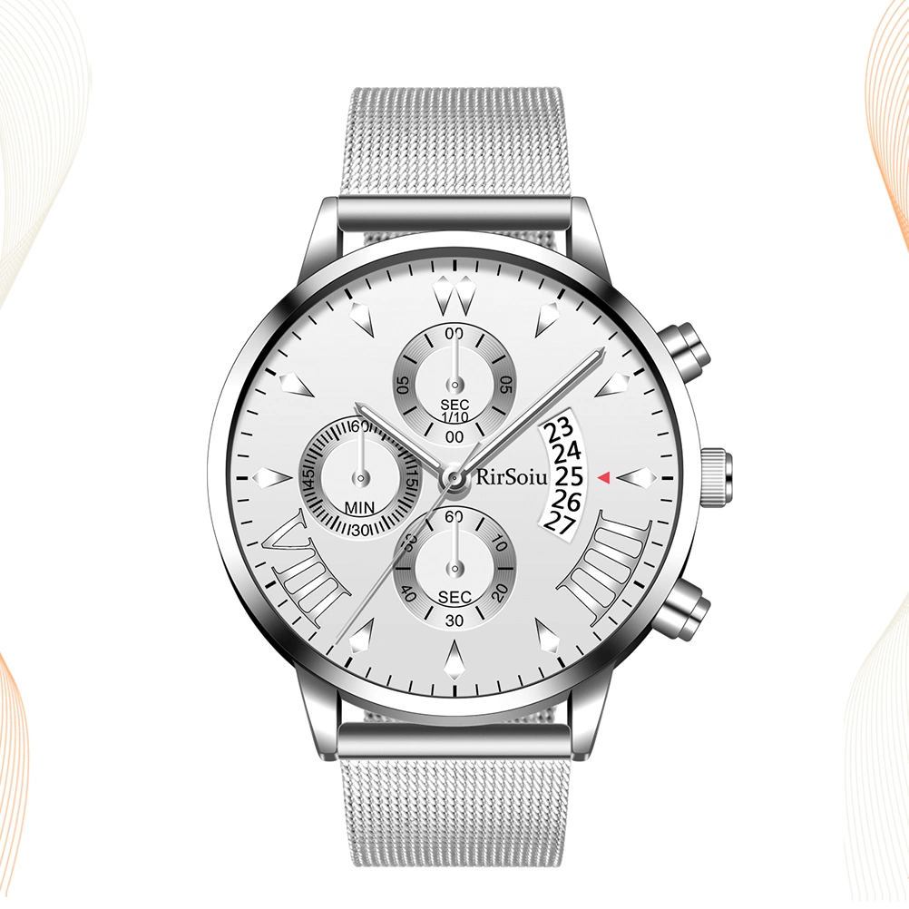 Mens Watches Waterproof Fashion Five Calendar Watch Three-eye Quartz Watch (Silver)