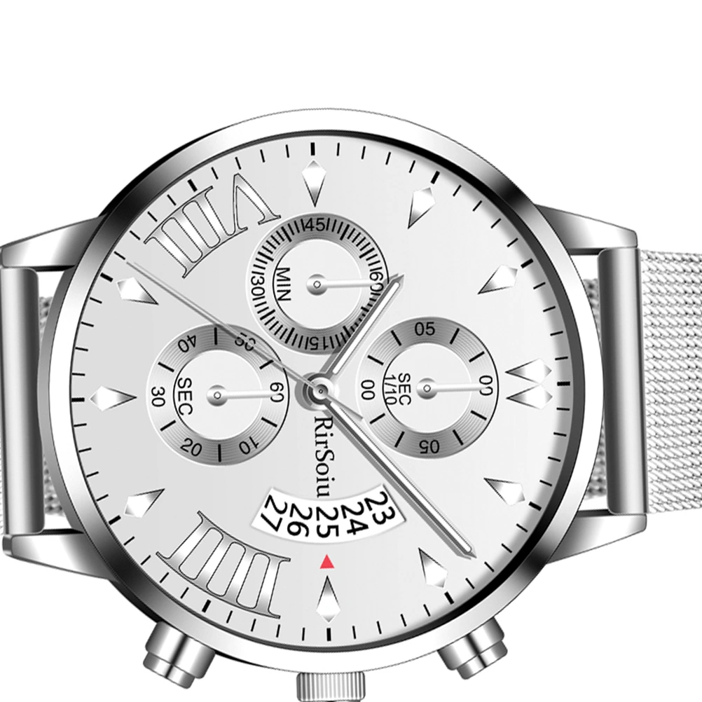 Mens Watches Waterproof Fashion Five Calendar Watch Three-eye Quartz Watch (Silver)