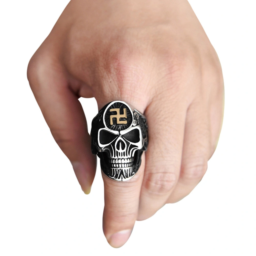 Skull Ring Retro Carving Svastika Decor Ring Ghost Head Ring Jewelry Accessories Ring (Golden Number 14)