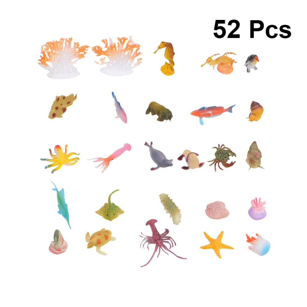 52PCS Marine Animal Toys Mini Sea Creatrure Model Simulation Animal Model Aquarium Ornament Educational Props Mixed Pattern