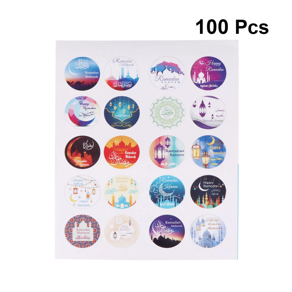 100pcs Creative Muslim Art Ramadan Sealing Label Self-Adhesive Sealing Stickers Colorful Round Decals DIY Bag Gift Favor Eid Mubarak Party Packing Decoration