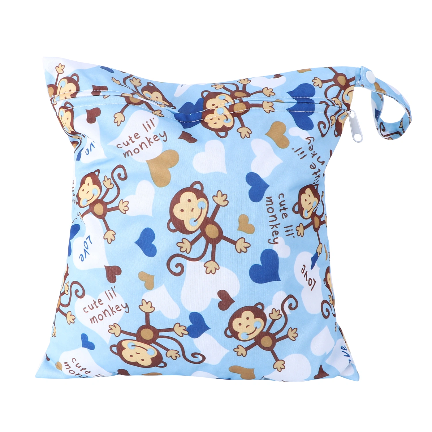 Monkey Pattern Washable Reusable Waterproof Zippered Baby Cloth Diaper Nappy Bag Wet Dry Bag Tote with Snap Handle (Blue)