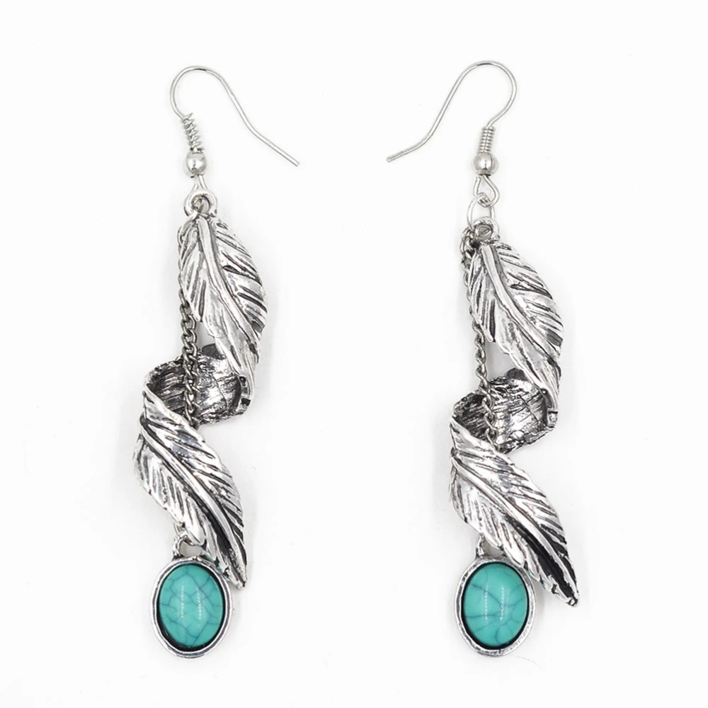 Pair of Antique Silver Plated Alloy Synthetic Turquoise Pendants Vintage Earrings Leaf Eardrops (Silver)