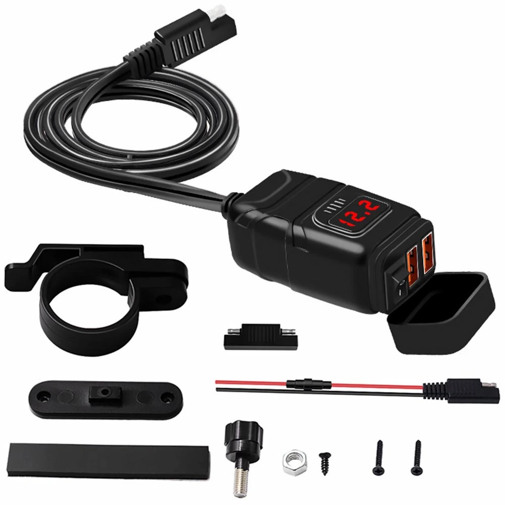 1 Set Waterproof Motorcycle Charger Phone Charger with Red Digital Voltmeter