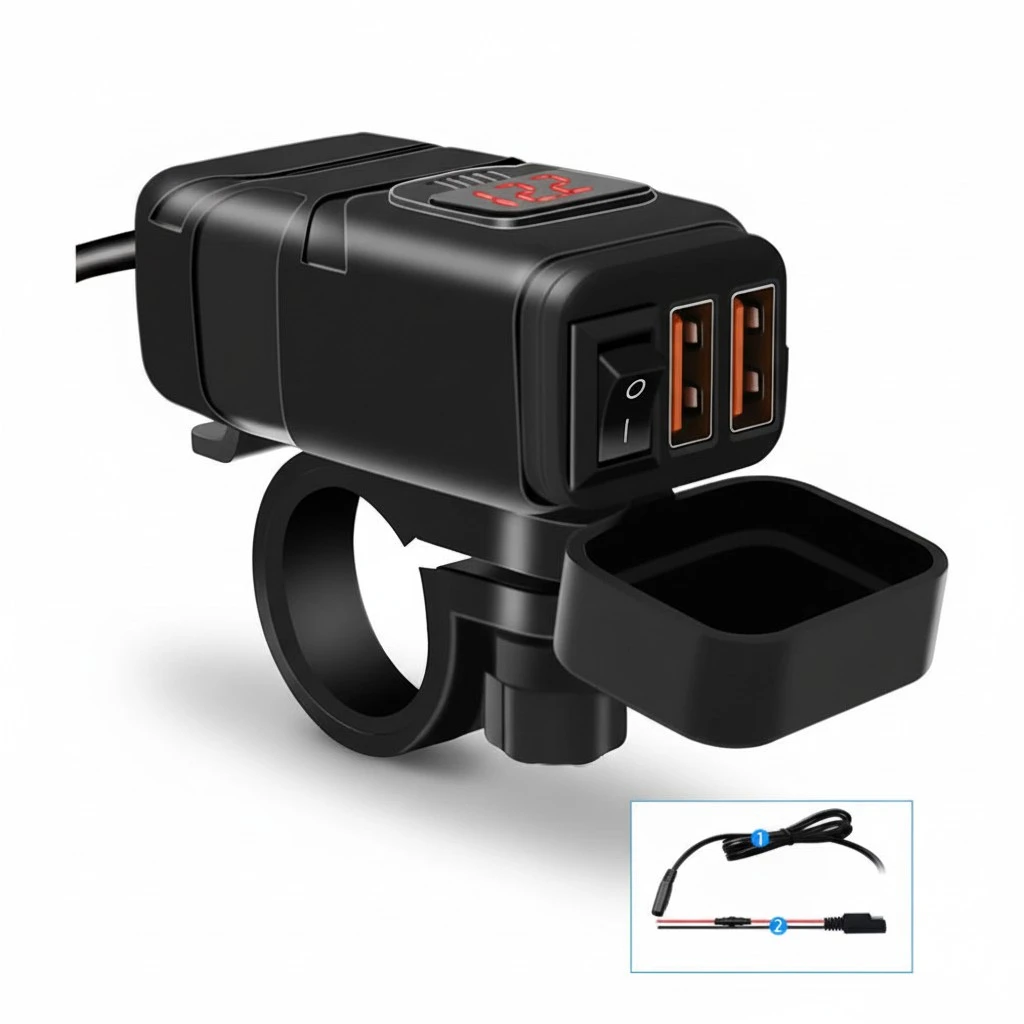 1 Set Waterproof Motorcycle Charger Phone Charger with Red Digital Voltmeter