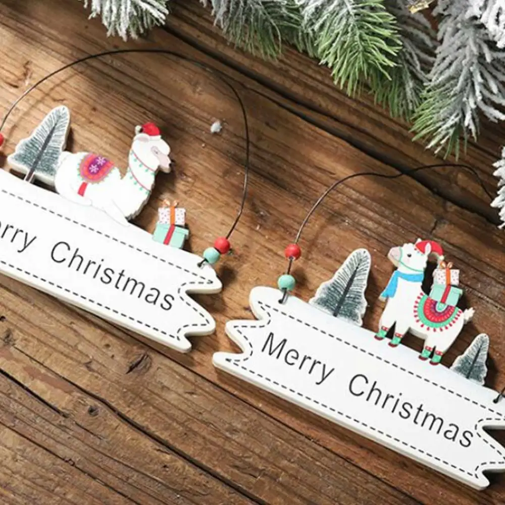 2pcs Merry Christmas Hanging Ornament Wooden Alpaca Decoration Painting Lettered Pendant Craft Party Favor Supplies (Sitting and Standing)