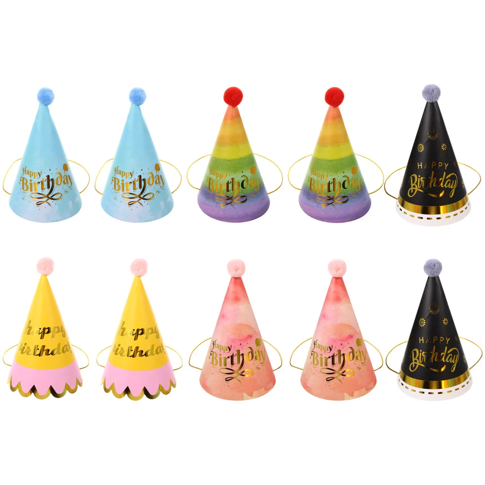 10Pcs Adorable Birthday Hats Foil Gold Paper Party Hats Funny Party Supplies