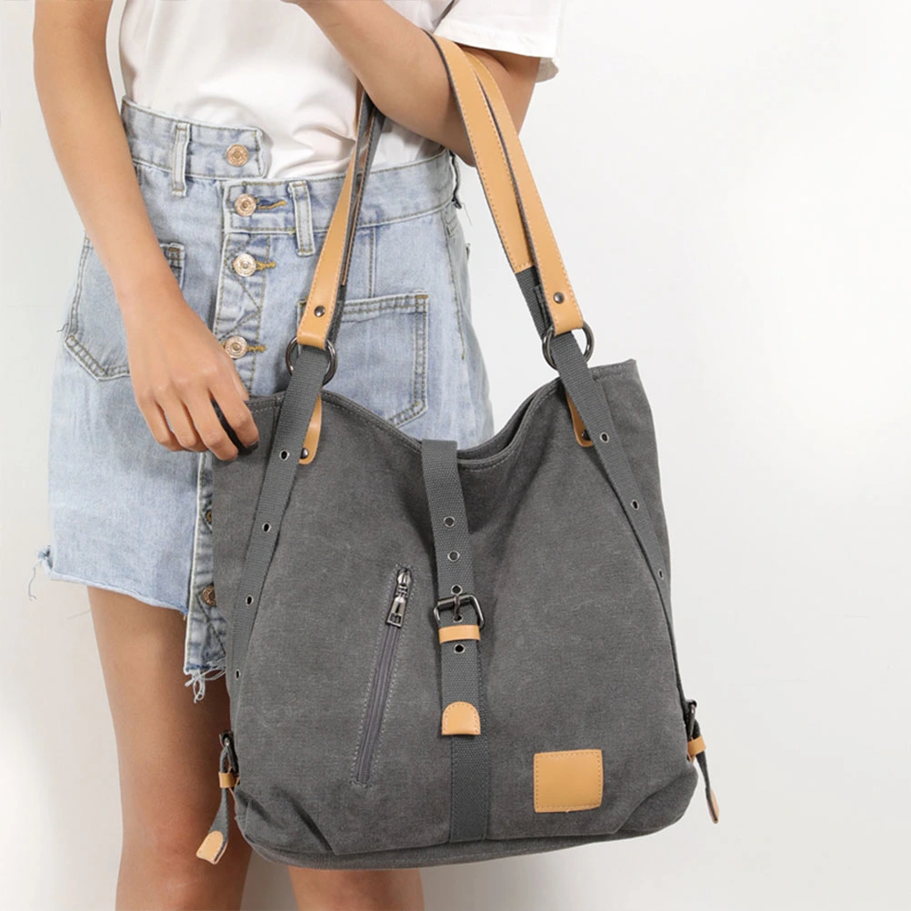 Grey Multifunctional Retro Bakcpack Fashion Canvas Shoulder Pouch Large Capacity Crossbody Bag Durable Bucket Bag Portable Lady Outdoor Tote Bag