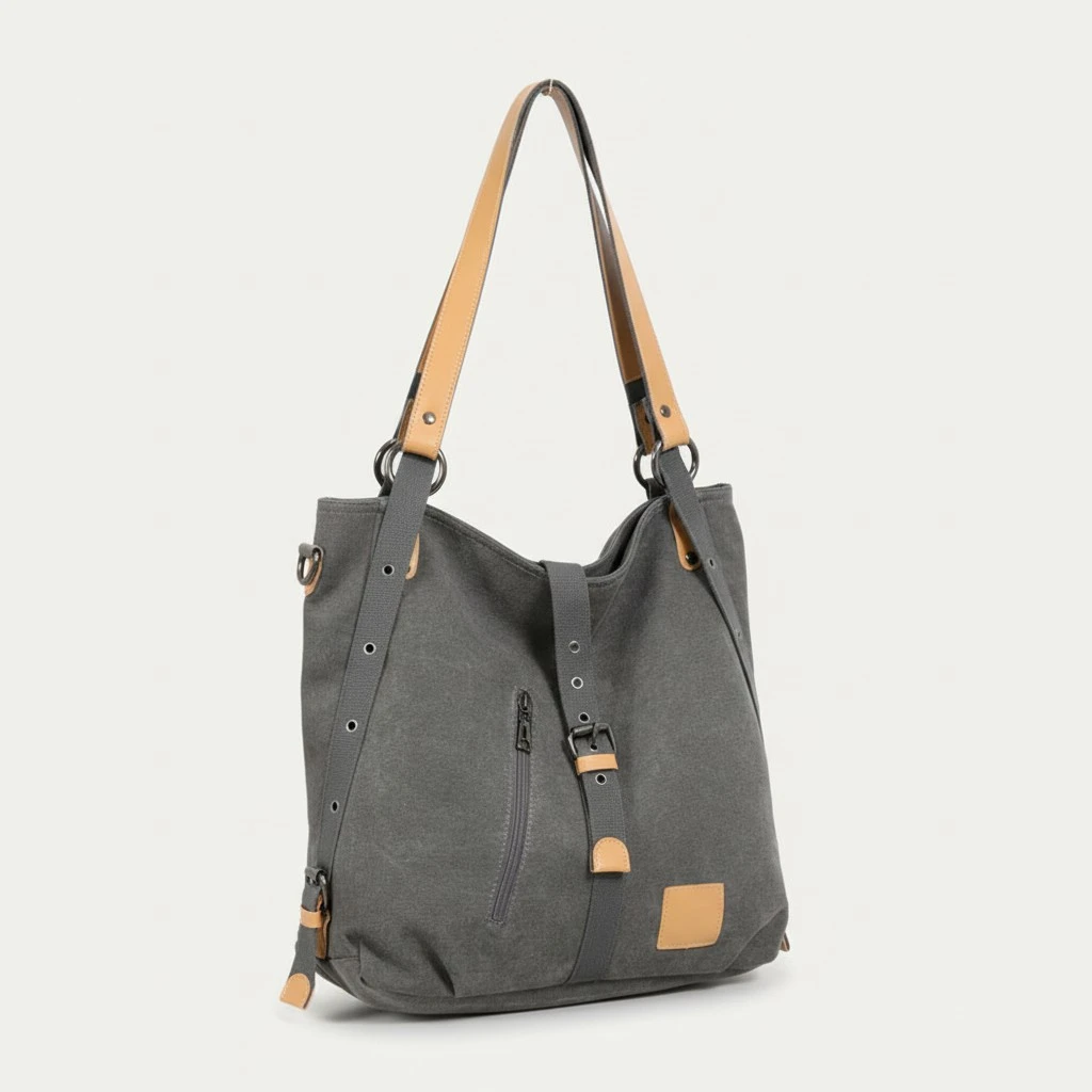 Grey Multifunctional Retro Bakcpack Fashion Canvas Shoulder Pouch Large Capacity Crossbody Bag Durable Bucket Bag Portable Lady Outdoor Tote Bag