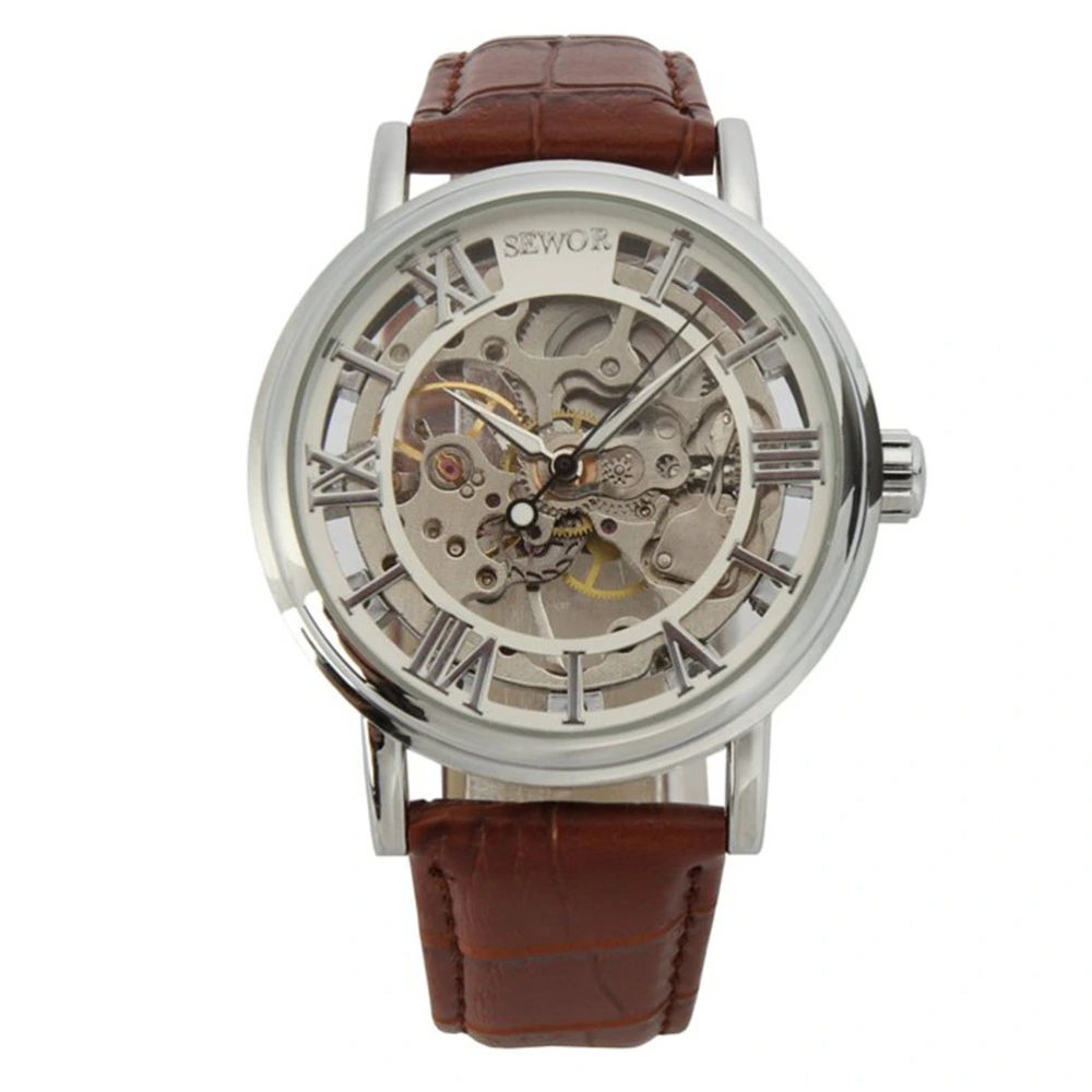 Men Automatic Mechanical Wrist Watch with PU Band (White+Brown)