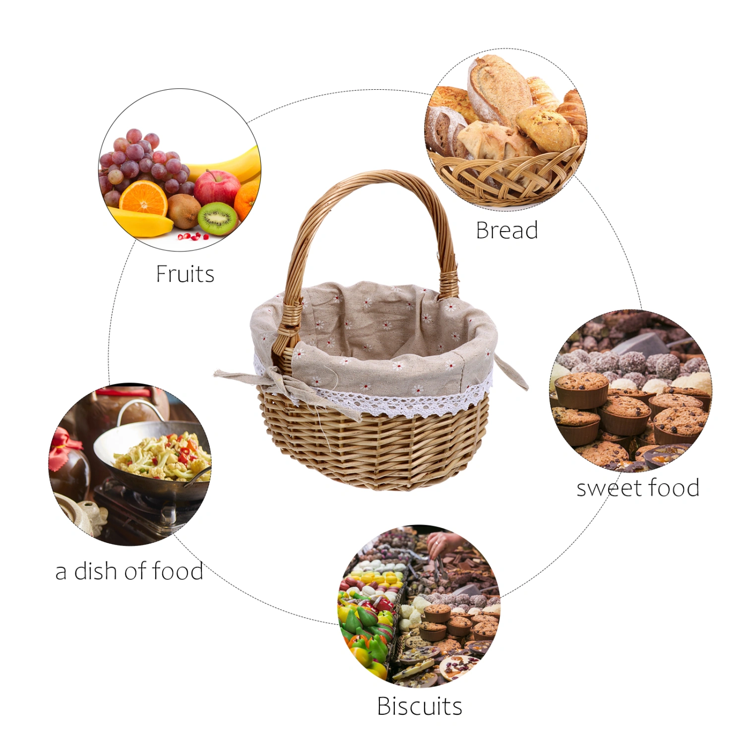 1Pc Hand Woven Picnic Basket Wicker Woven Storage Basket Portable Food Holder