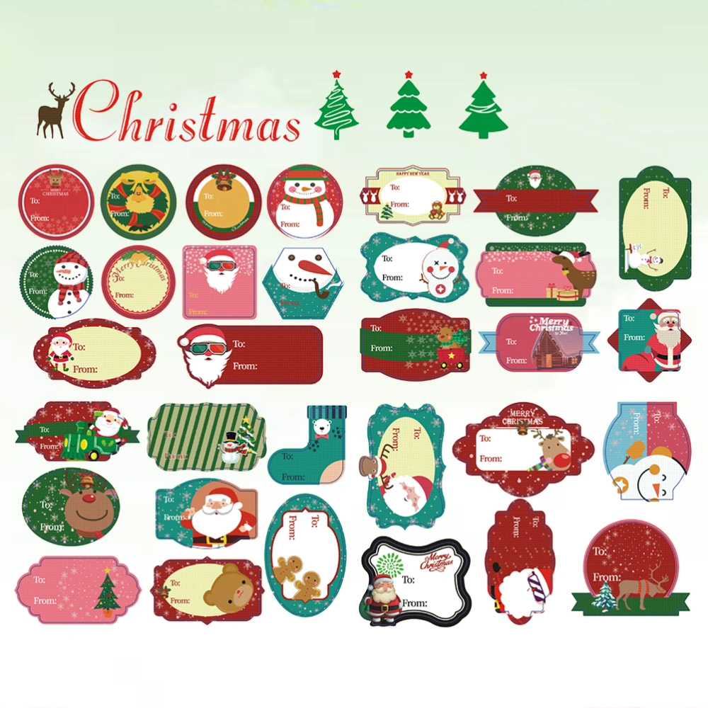 4 Sheets Christmas Gift Bag Stickers Christmas Themed Self-Adhesive Cookies Bag Tags Writable Children Cartoon Stickers for Envelope Box Decor (Each Sheet 32PCS)