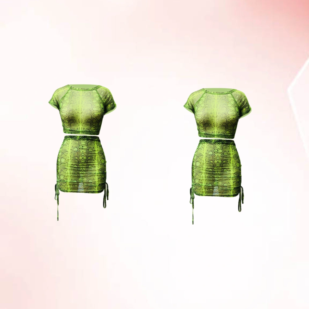 2pcs Sexy Woman Outfit Skirt Set Beautiful Short Sleeve Clothing Skirt Set for Woman Lady Female (Green, L)