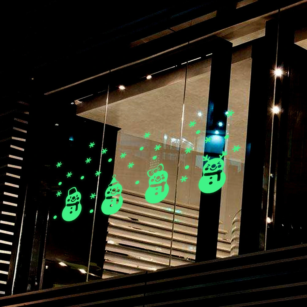Lovely Christmas Snowman Night Luminous Stickers Glow in the Dark Wall Decals Removable Stickers Wall Decor for Living Room Bedroom Baby Room (Green)