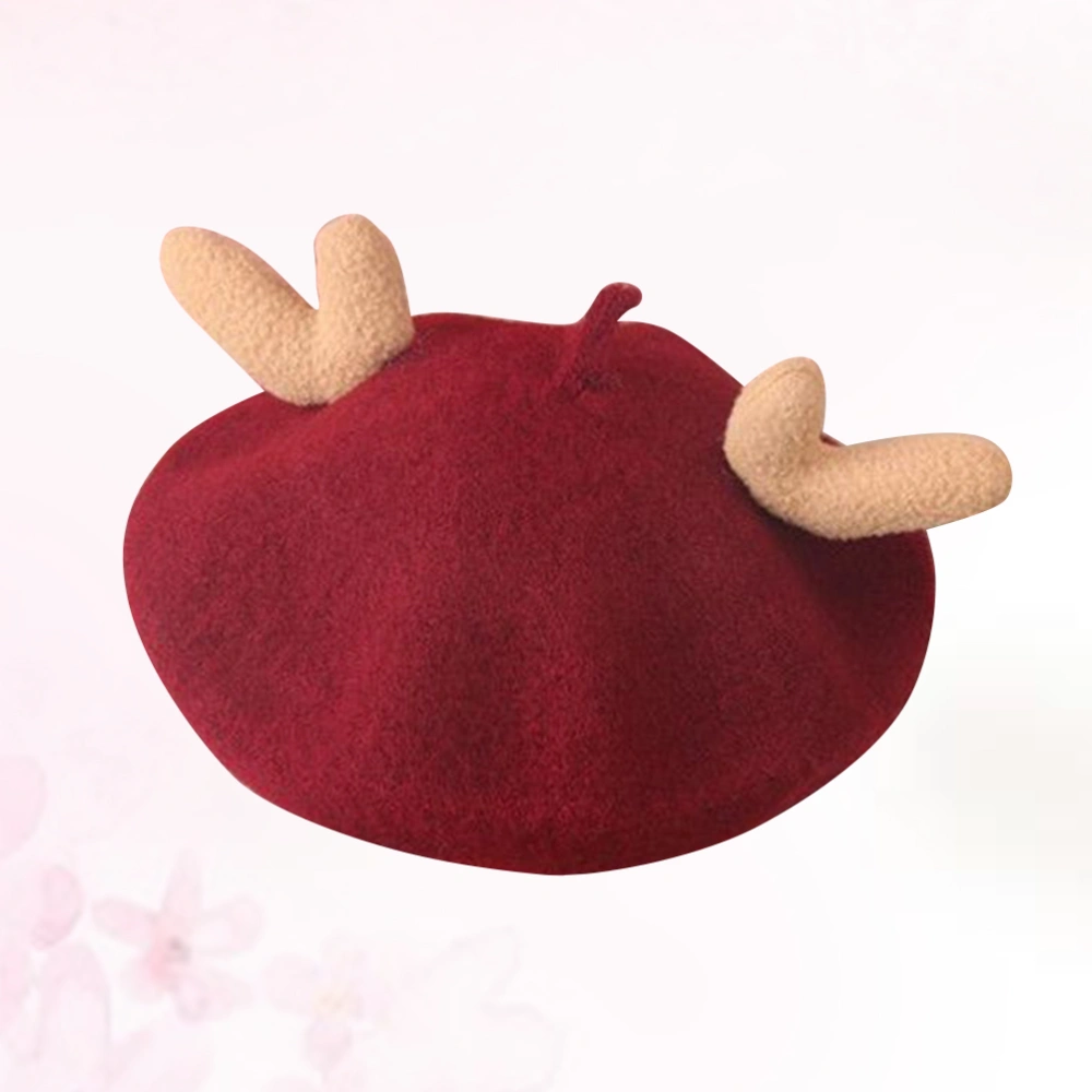 Stylish Wool Beret Hat Beautiful Painter Hat Vintage Decorative Antlers Daily Casual for Children (Wine Red)