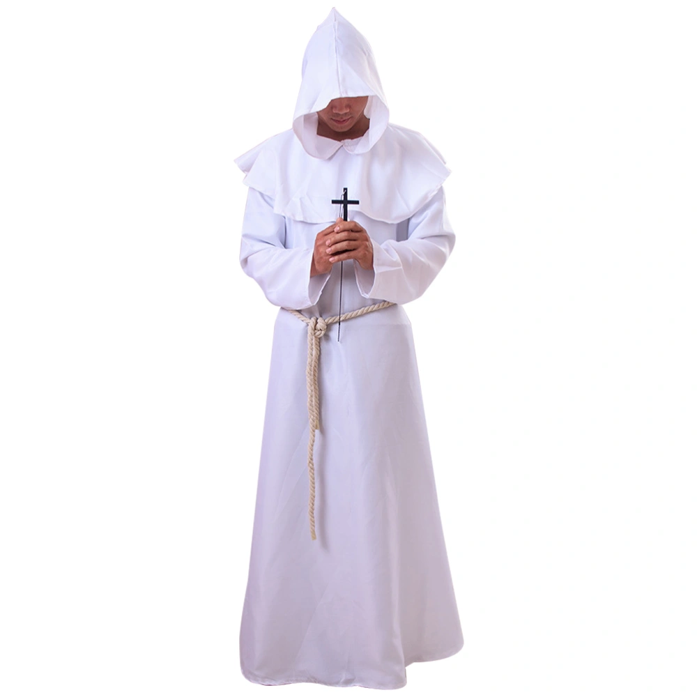 Medieval Priest Monk Robe Hooded Halloween Cosplay Costume Cloak for Wizard Sorcerer - Size XL (White)