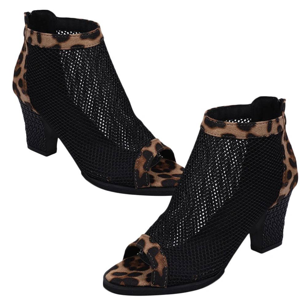 1 Pair Hollow-out Gauze High Heel Sandals Chunky Heels Shoes Fish Mouth Sandals Stylish Female Sandals (Leopard, Size 41, 8.5US, 6UK，40EU,10.0215Inch)