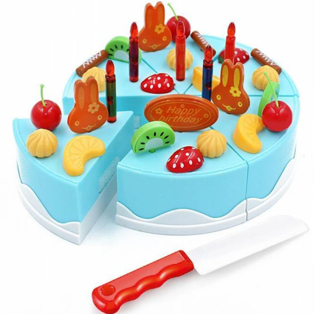 38pcs/Set Cutting Food Blue Fruits Cake Cooking Playset DIY Fun Educational Toys for Kids Toddlers with Random Color Cake Toppers