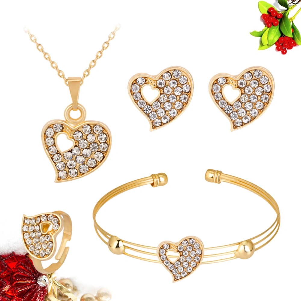 4pcs in 1 Set Valentine's Day Rhinestone Earrings Set Fashion Love Heart Design Bracelet Creative Stud Dangler Alloy Necklace Ring Jewelry Decor for Women Lady Girl