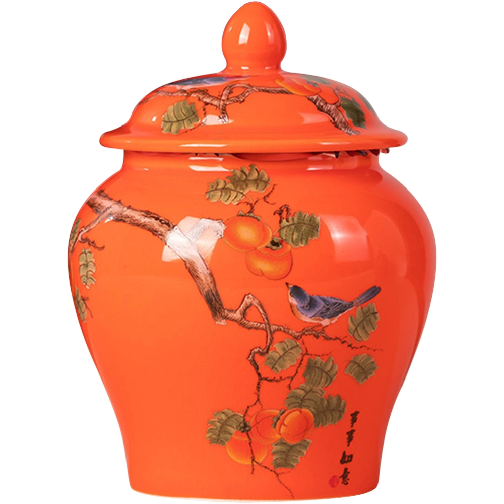 Ceramic Sealed Tea Jar Porcelain Persimmon Bird Pattern Tea Storage Tank