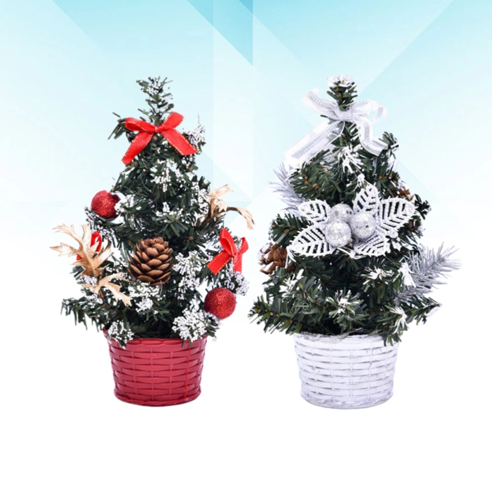 2pcs Exquisite Miniature Xmas Tree Decor Christmas Tree Model Gifts Lifelike Home Party Decor (20cm Red B and Silver B)