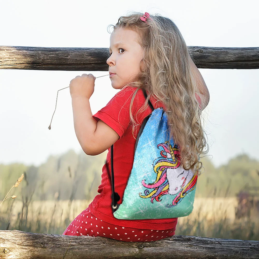 Gradient Color Unicorn Backpack Sequin Drawstring Students Bag for Girls Kids