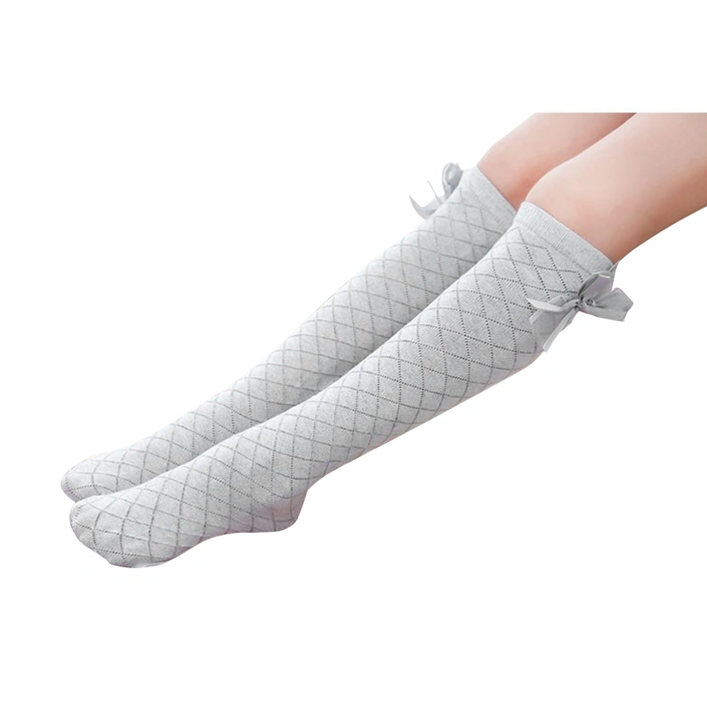 Rhombus Bowknot Stockings Girls Casual Stocking Above Knee(Grey)