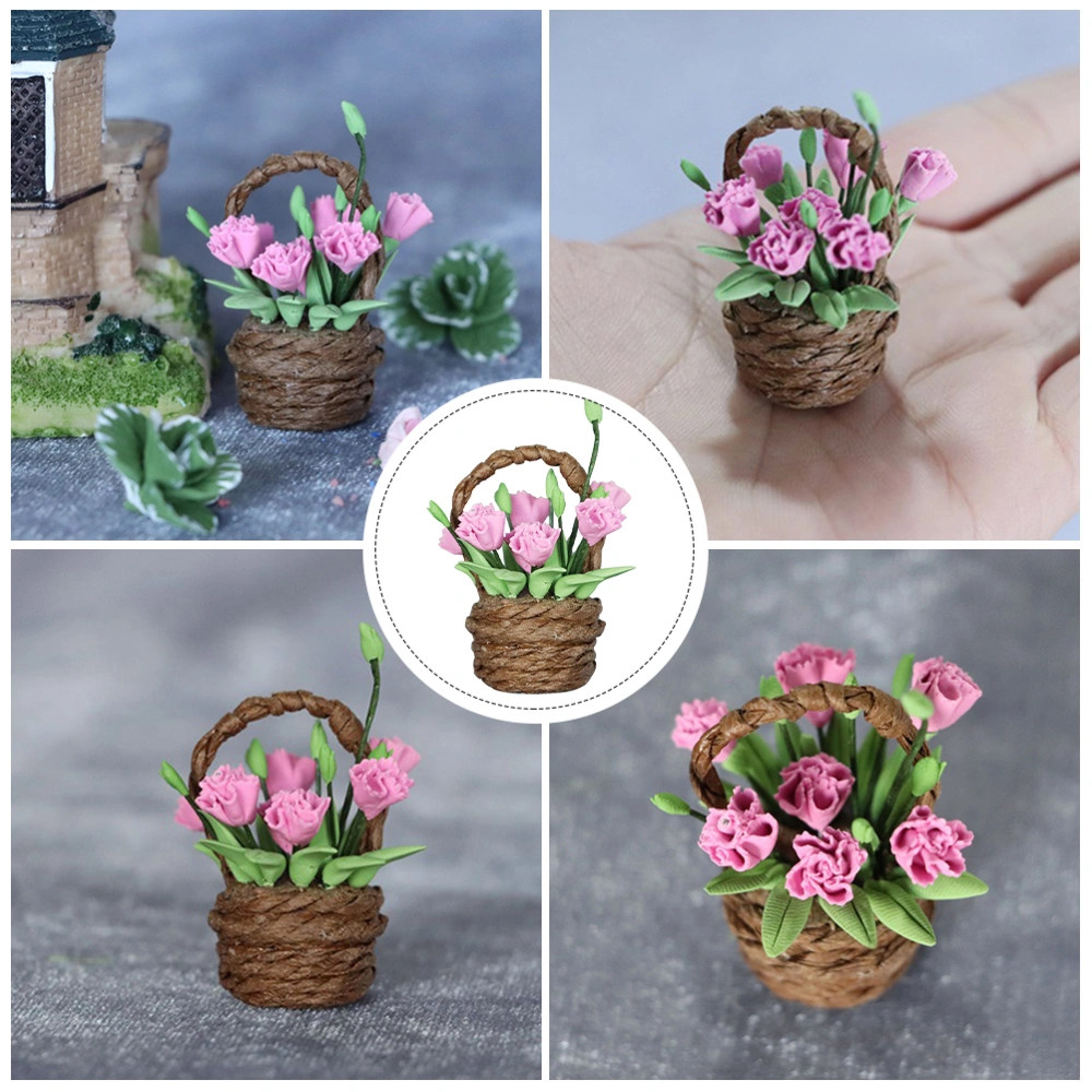 1pc Mini Flower Basket Decor Miniature Craft DIY Mini Outdoor Garden Scene Decor