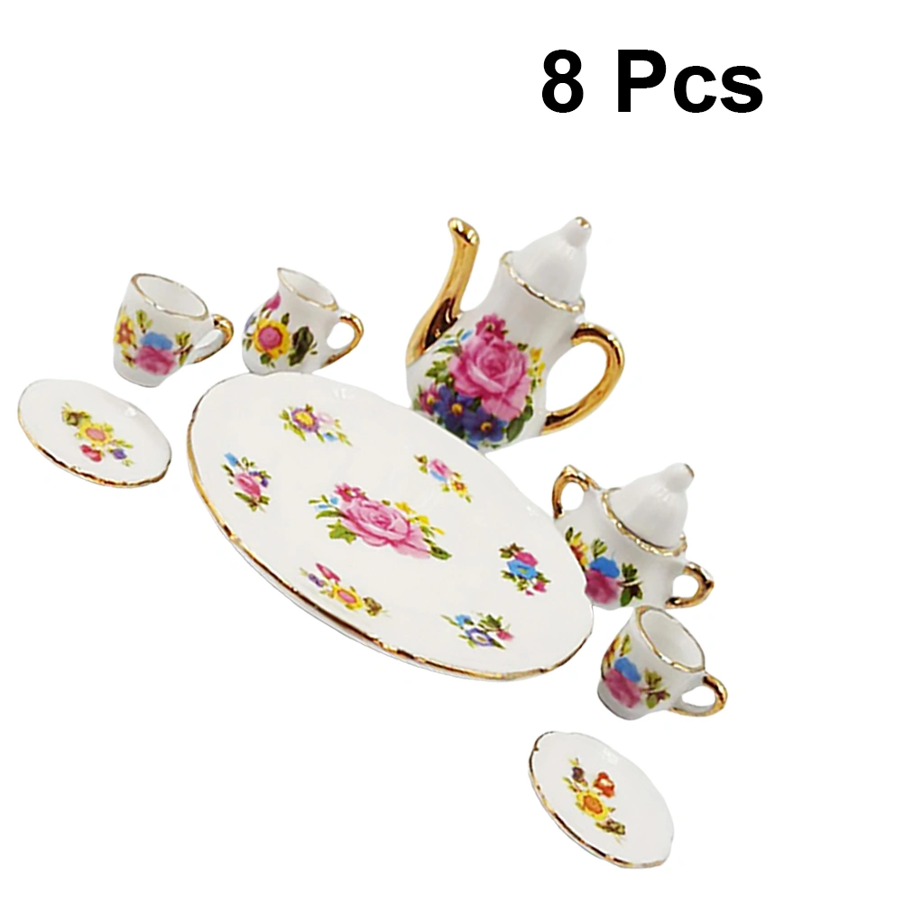 8pcs Ceramic Mini House Tea Set Miniature Scene Model Desktop Adornment for Decor