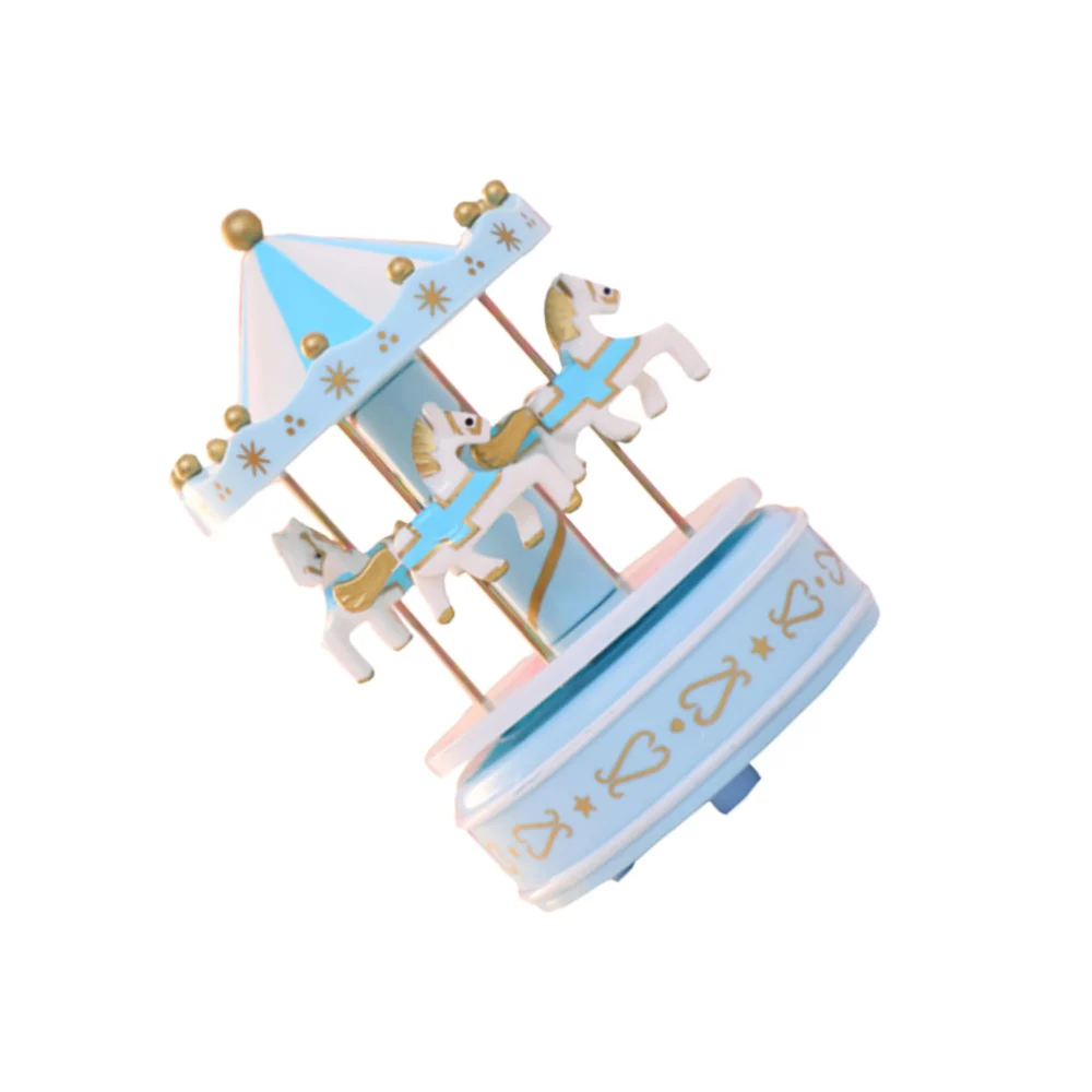 Sky Blue Romantic Carousel Music Box Desktop Ornament Miniature Music Box Decoration Birthday Gift without Light