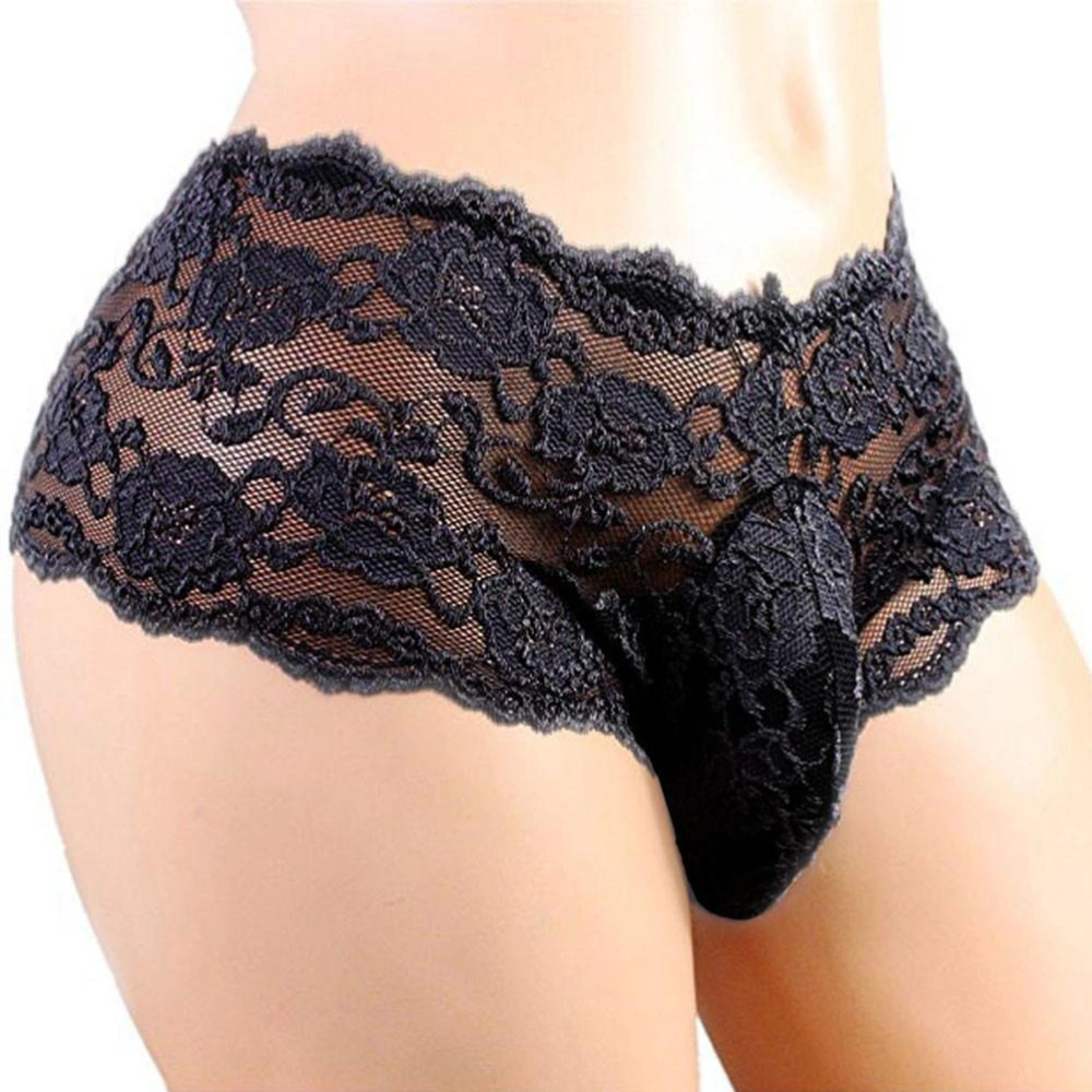 Men Sexy Lace Underwear Lace Thong Pouch Bikini Briefs Stretch Boxers - Size XXL(Black)