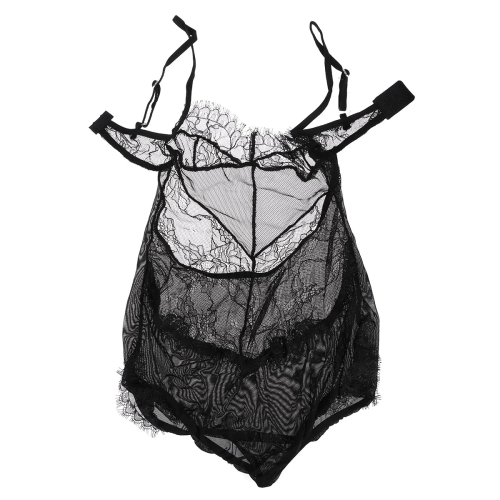 Sexy Lingerie Fashion Three-points Sling Hollow out Eyelash Lace Wave Perspective Lingerie Set Size L (Black)