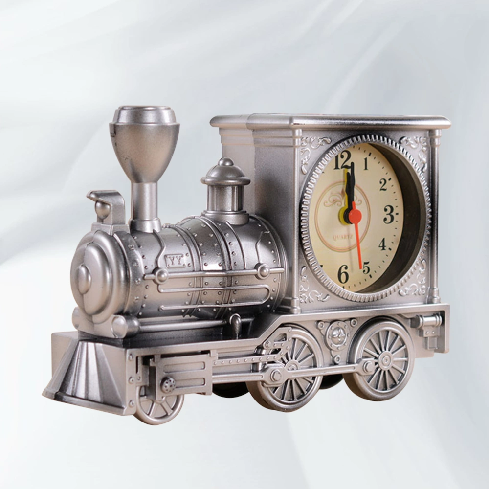 Antique Locomotive Shape Alarm Clock Plastic Model Alarm Clock Creative Desktop Decor (Silver)