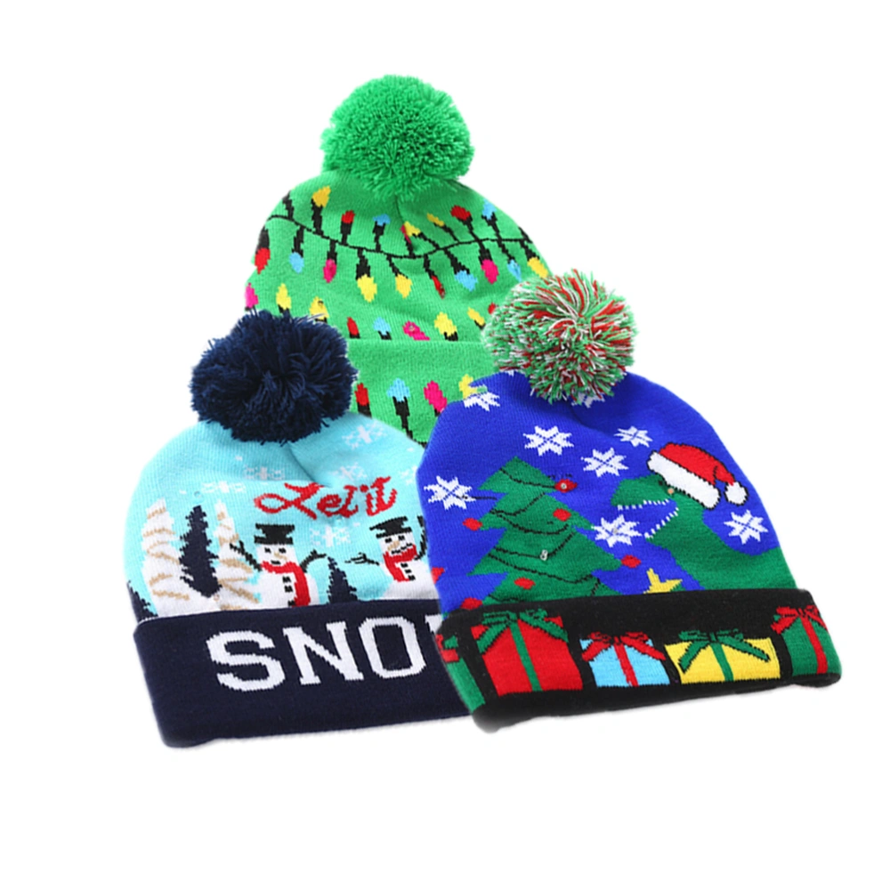 Christmas Luminous Knitted Beanie Revers Hat Santa Hat Gleamy Knitted Flash Design Christmas Hat for Adults Children - Snow