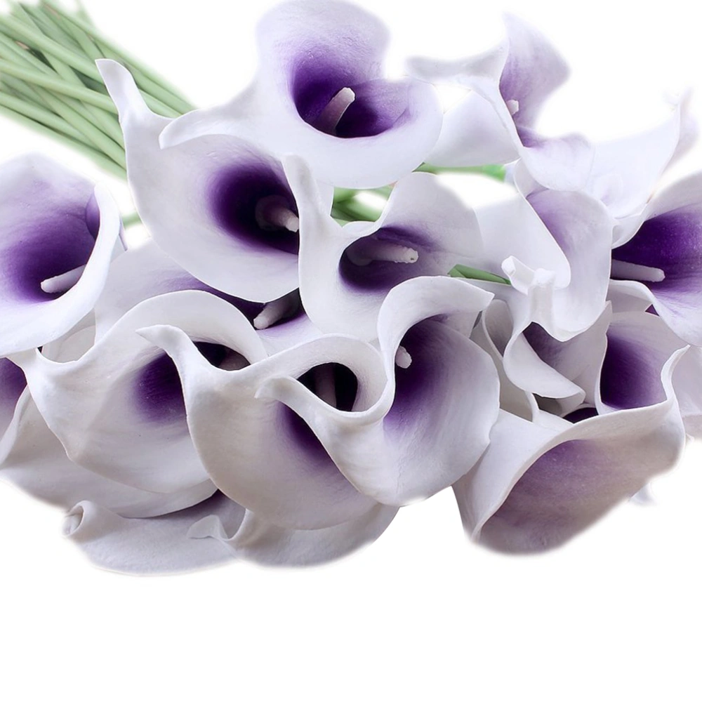 20pcs Artificial Calla Lily Bridal Wedding Bouquet Flowers Real Touch Decorative Bouquet (Purple & White)