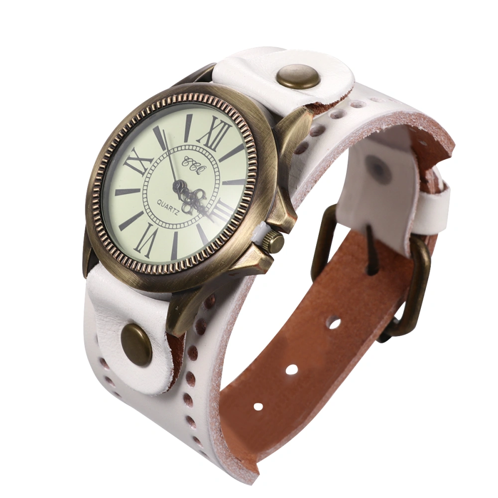 1PC Genuine Cowhide Watch Vintage Roman Literal Wristwatch Stylish Casual Watch Decor Creative Quartz Wrist Watch for Woman Lady Wearing (White)