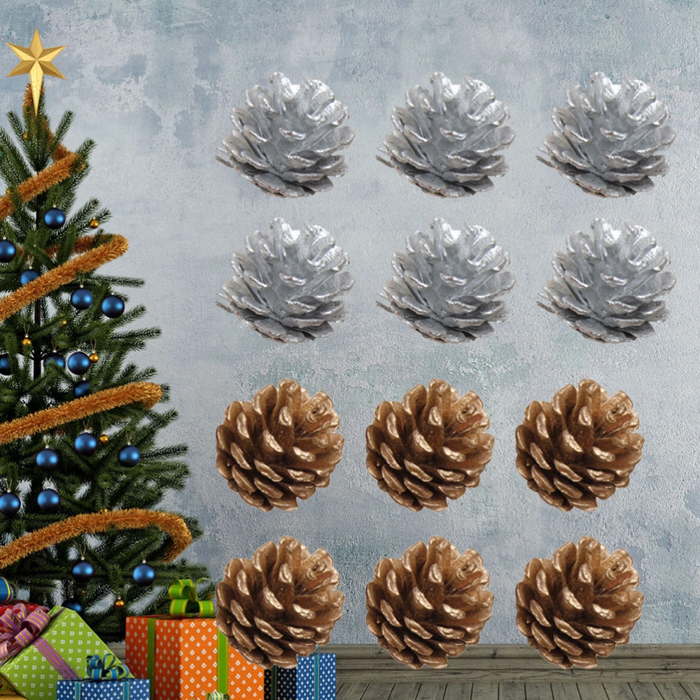 18pcs 4cm Christmas Pine Cones with String Pinecone Pendant Xmas Tree Decoration Crafts Home Ornament (Gold and Silver)